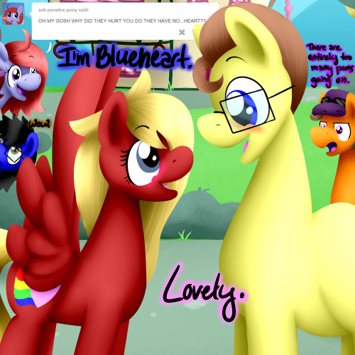 asklovelylaughter:   Featuring ryu362, ask-paradox-pony, and askshramper, all of whom are invited to dress up and get free candy with me, I guess. -sighs dreamily- Blueheart…  x3!