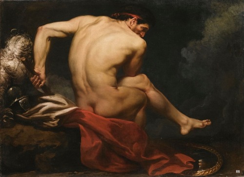 Seated Naked Warrior on a Rock beside his shield and plumed helmet. circle of Jean Germain Drouais. French. 1763-1788. oil /canvas. Sotheby’s Auction July 2012.  