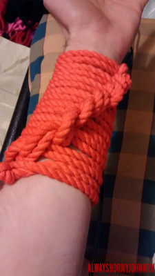 bdsmgeekshop:  alwayshornyjohnnyh:  29th April 2016. I love the style of the riggers gauntlet so much that I keep redoing it with different colours! Using my bdsmgeek orange rope I made a slightly shorter and chunkier riggers gauntlet that I like a lot! 