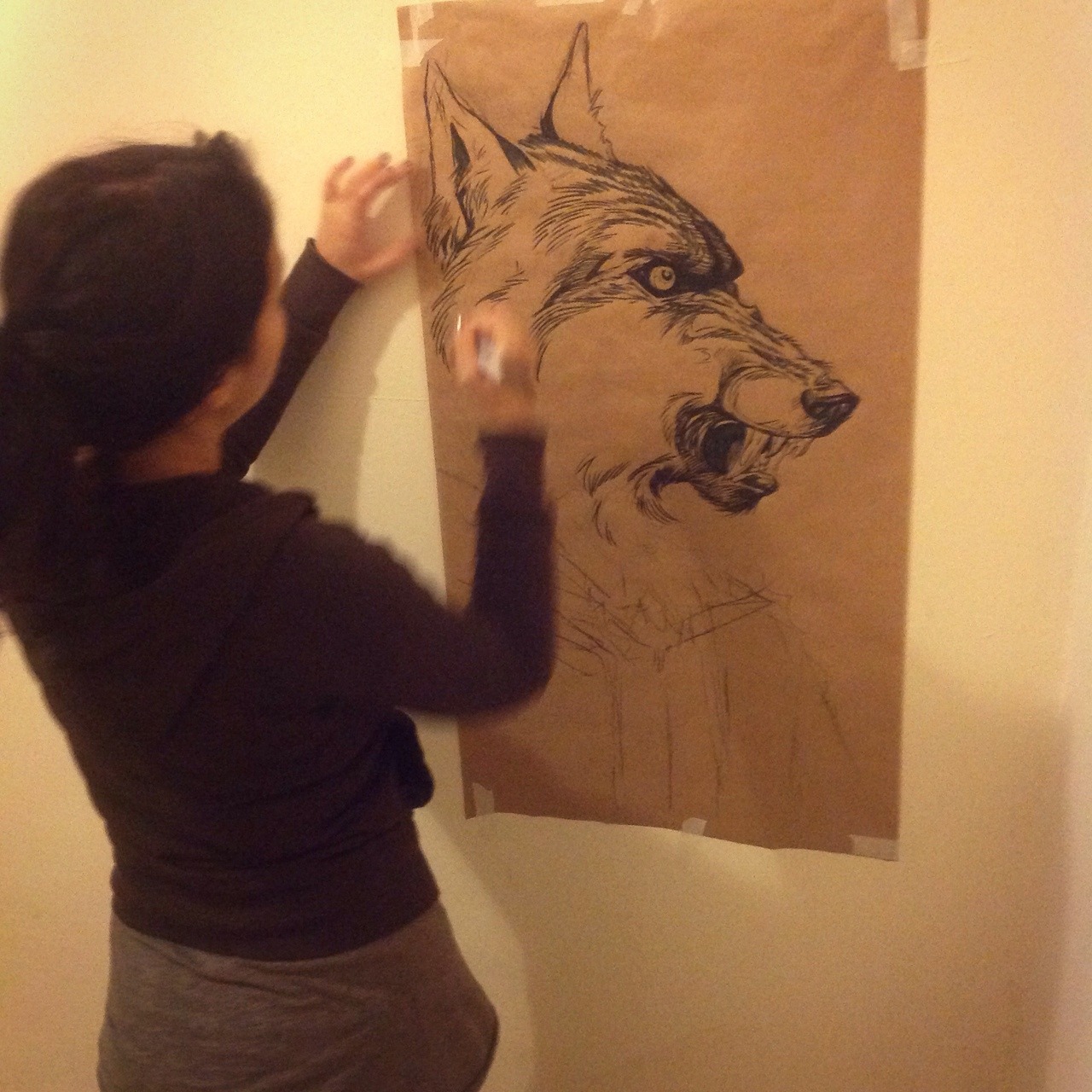 wolfskulljack:  My first large scale pice using brown paper and a marker. The size
