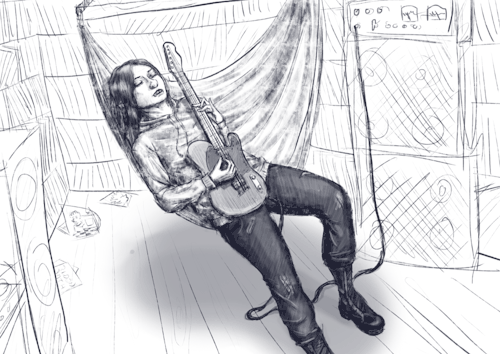Lazy vampiress playing guitar in her hanging chair.