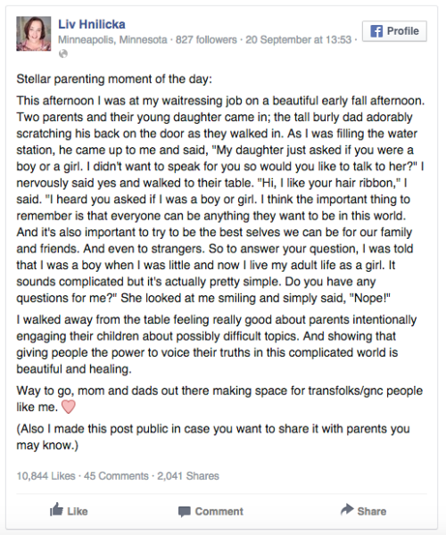 gaywrites:Liv Hnilicka, a trans woman in Minnesota, responded brilliantly when a little girl at her 