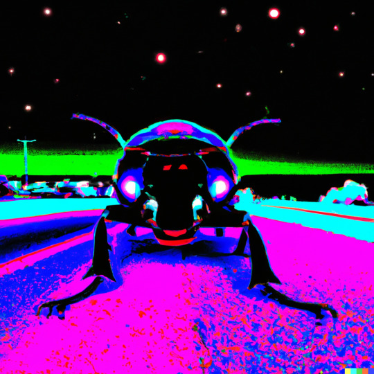 a Dall-e interpretation of the prompt “photo of a large black iridescent scarab beetle with glowing eyes, antennae, and a mouth with lots of teeth at night on a highway in the style of Miami Vice”