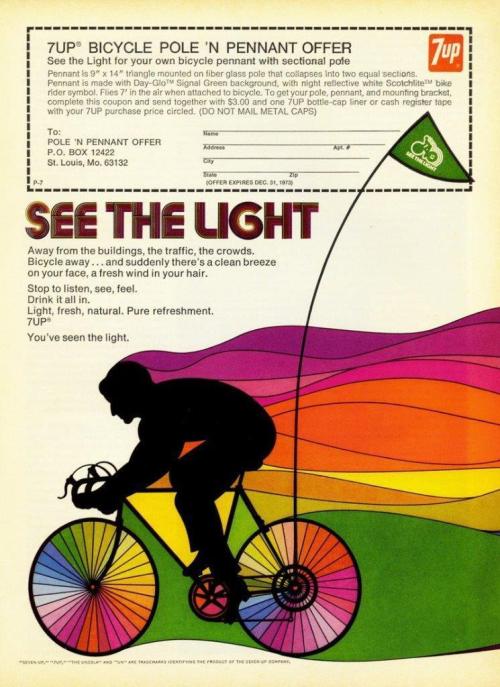 thegroovyarchives:1973 7UP “Bicycle Pole N’ Pennant” Advertisement(via: eBay)
