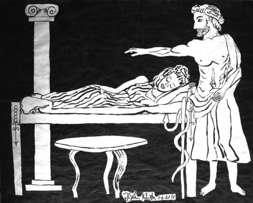 Asclepius heals a patient sleeping in his temple by F. John Kluth, 2011. Image source: XAsclepigenia
