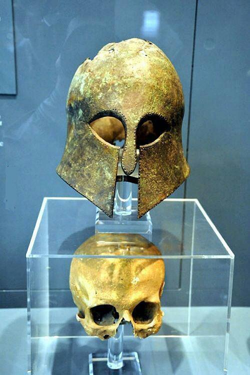 sixpenceee: Corinthian helmet from the Battle of Marathon, 490 BC, found with the warrior’s sk