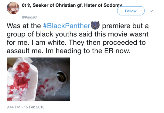 jonbutter:  jonbutter: if you look thru the #BlackPanther hashtag on twitter you can find white people faking stories about how they were assaulted at the theater, with photos that can easily be traced and used to dispute the story. isn’t that fun?