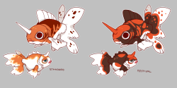 corycat90:Though typically only the standard coloration is found in the wild throughout the world, many beautiful pattern variations of Goldeen and Seaking have come from captive breeding and are often kept as pets.I thought doing some fish would be cute