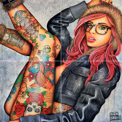 nickdavisart:  &ldquo;Girl with Many Tattoos&rdquo;House paint and spray paint on canvas4 x 1m sq canvases