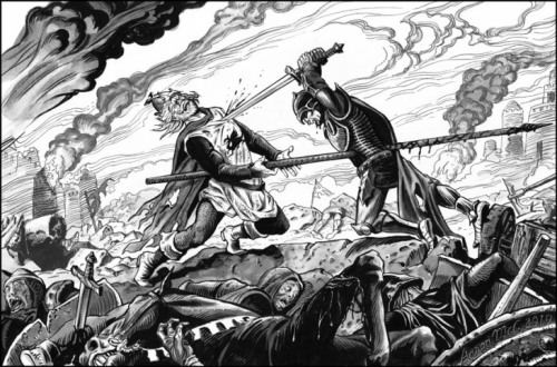 a-touch-of-silvery-justice: King Arthur and Mordred, locked in death battle, destroy each other. As 