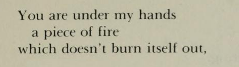 soracities:  Etel Adnan, from ‘Love Poems’, Women of the Fertile Crescent: An Anthology of Modern Poetry by Arab Women (ed. & trans. Kamal Boullata)[Text ID: “You are under my handsa piece of firewhich doesn’t burn itself out,”]