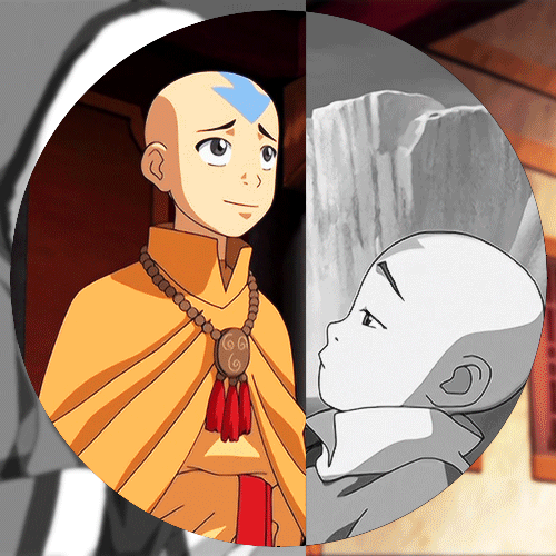 On the left, Aang in colour wearing formal robes, eyebrows raised looking hopeful. On the right Aang in black and white, lying against something on the floor, mumbling with an exhausted expression.