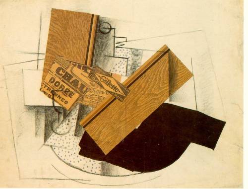 artist-braque: Still Life on a Table with ‘Gillette’, 1914, Georges BraqueMedium: charcoal,collage,g