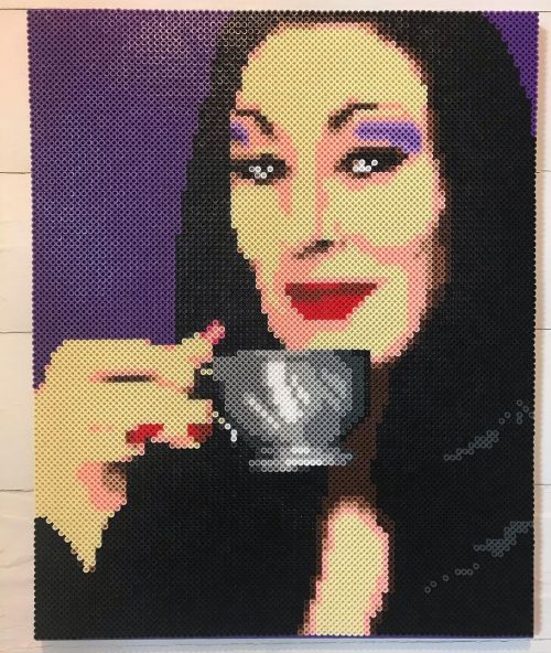 Morticia Addams handmade portrait made from thousands of beads. Available at my Etsy shop. Link in b