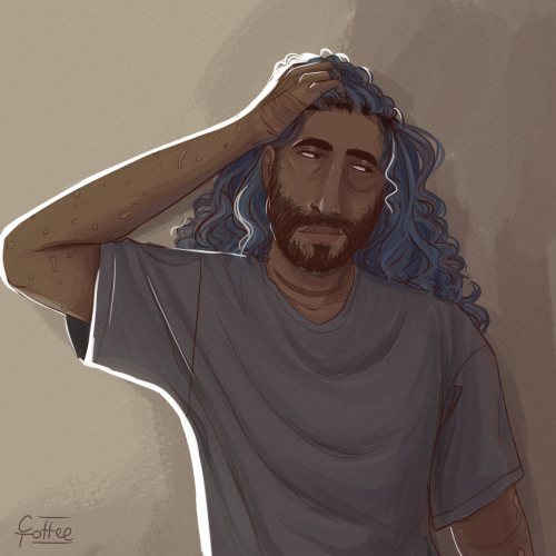 [ID: jonathan sims–a south asian person with long blue hair, many scars, and a beard–lea