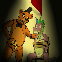 Raffle Request - Spike being force fed pizza by Freddie Fazbear while tied to a chair wearing only his briefs&hellip;yeah, sometimes raffle requests are good, sometimes they are extremely disturbing.