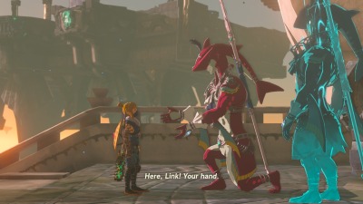 ID: A screenshot from a Tears of the Kingdom cutscene. Sidon is on one knee in front of Link in the Water Temple and says 