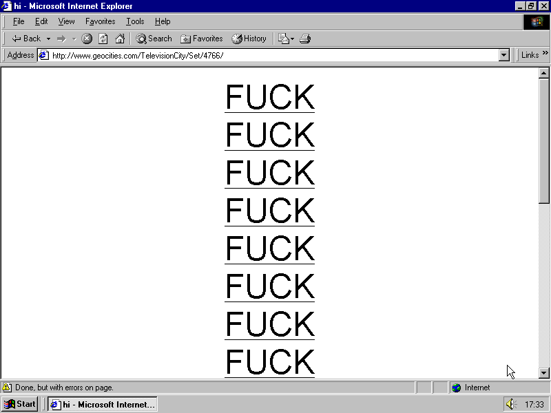 Screenshot of a Geocities page repeating the word FUCK over and over