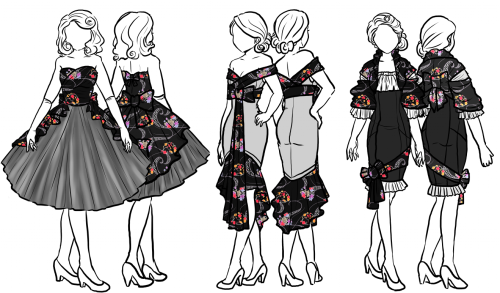 pardonmybloomers:  ladylawga:  Designs that I submitted for my FIDM application based on traditional Japanese fabric and retro Western silhouettes. (They…only wanted 6 I have no idea why I drew 18)  oh goodness that purple gown tho 