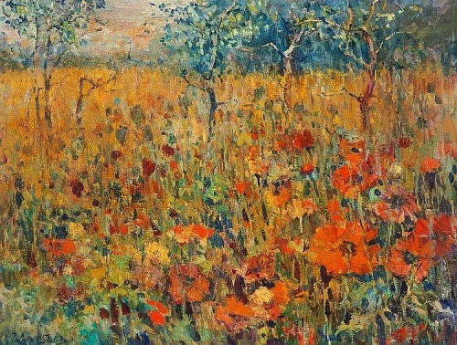 wonderingaboutitall:Trees In A Meadow With Poppies In Bloom - Juliette Wytsman