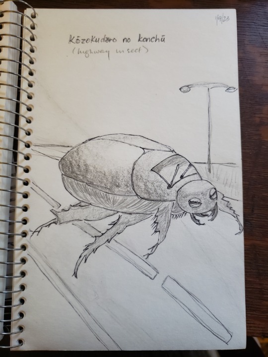 my drawing of a giant beetle with headlights, a front window, and windshield wipers on a street.