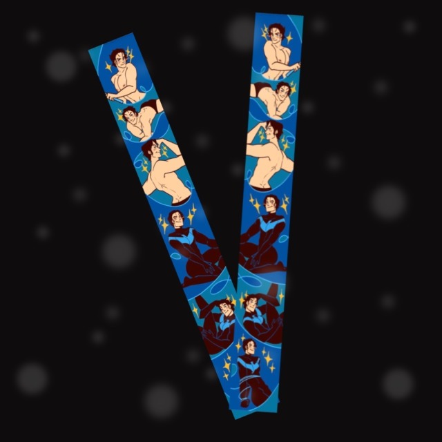 a lanyard with Dick Grayson in six different poses. in the first three he's shirtless, and in the last three he's in his Nightwing outfit