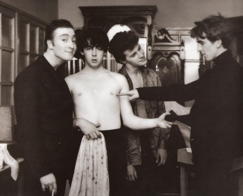thateventuality: Scan - John Lennon, Paul McCartney, Pete Best and George Harrison backstage after 