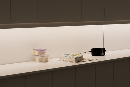 nyctaeus:  Steve Bishop, ‘Something To Remember You By’, Melamine covered chipboard, carpet, PVC flooring, LED lighting, PVC model cake, polyethylene storage containers, radio and playlist, 2019Kunstverein Braunschweig