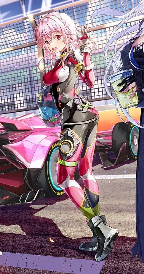 crop of promo image of new anime highspeed etoile focusing on the main character, a pink haired anime girl in a pink and black racing suit standing with her butt and legs faced away from the viewer and her torso turned towards in a boobs and butt pose