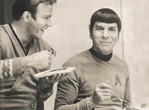 historium:William Shatner and Leonard Nimoy eating lunch on the set of Star Trek - 1960s