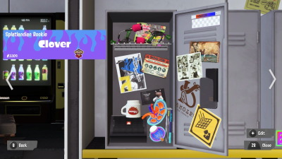 a splatoon 3 locker interior, covered in stickers with random objects stored in it