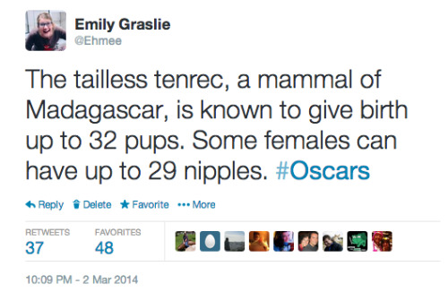 edwardspoonhands:  thebrainscoop:  ICYMI my live-tweeting of the Oscars tonight  And Emily Graslie wins the Oscar for Best…just best.