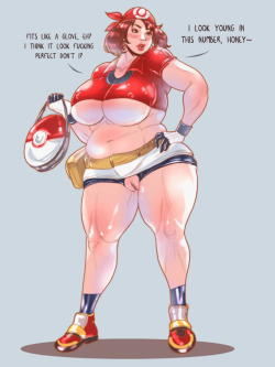 vogolsart:  May is very happy with how the old outfit suits her. And while it’s far from perfect, she likes having it on because it makes her feel young.  Even if there’s a bit of an embarrassing pelvic tear in the middle of her bike shorts.Hilda
