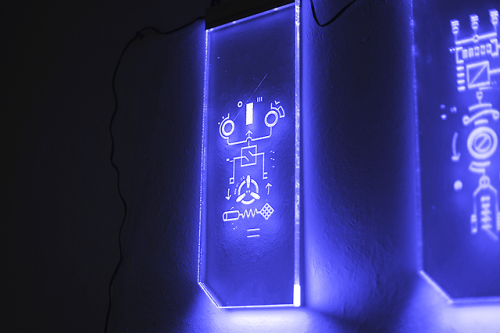 cf-12:  アンテナ / antennas (2014) Laser engraving, RGB LED 1, 2, 3 