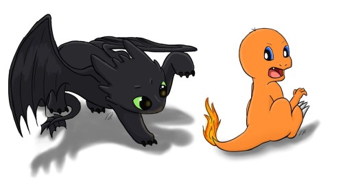 Two of my favorite animated little monsters ^.^I don’t think charmander likes that toothless is play