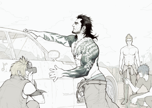 p2ndcumming:  rum-locker: Here’s a lil surprise in progress. Now with Noctis, pondering his life as a background in my art, and Ignis.  Boys   regretting it, but they also need quick cash and want to help Prompto, but still regretting it.  Final update