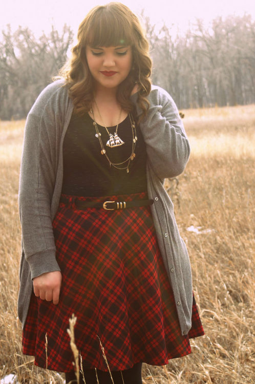 boundlessadventure: Plaid and Christmas Skirt and Cardi: Torrid Tights and shirt: Target Lipstick: M