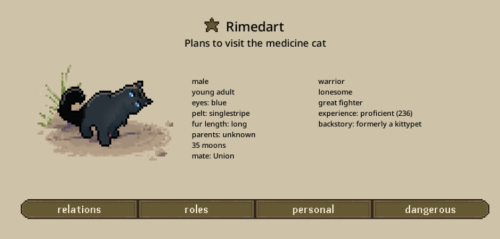 Rime Dart plans to vist the medicine cat, his mate is Union, a medicine cat