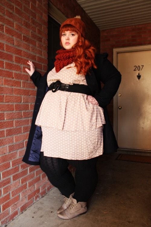 beccabae:  it’s kinda cold outside.Cowl Knit Scarf ~ http://www.etsy.com/shop/RememberADay?ref=pr_shop_moreBeanie ~ ASOS  Coat  ~ ASOS Curve Dress ~ ASOS Curve via Cupcakesclothing   Belt ~ TorridKnit Leggings ~ TargetBooties ~ EbayFox Purse ~