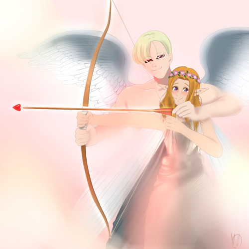 Rou and Gerheade, dressed as Cupid and Pysche, wish you a happy Valentine&rsquo;s Day with a lit