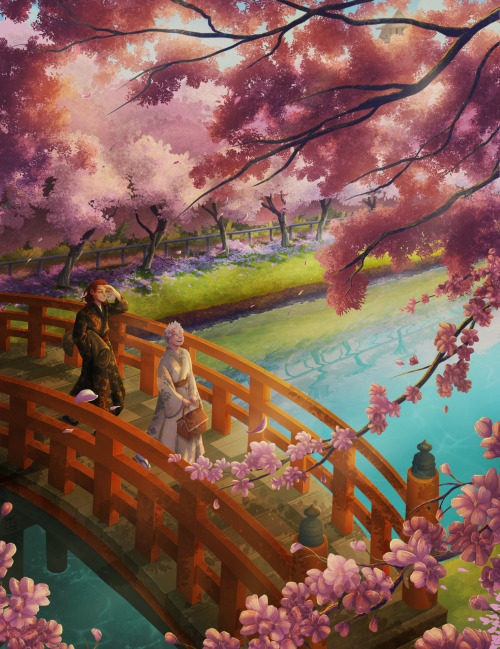 Aziraphale and Crowley having a vacation in Japan, ready to have a picnic under the cherry blossoms 