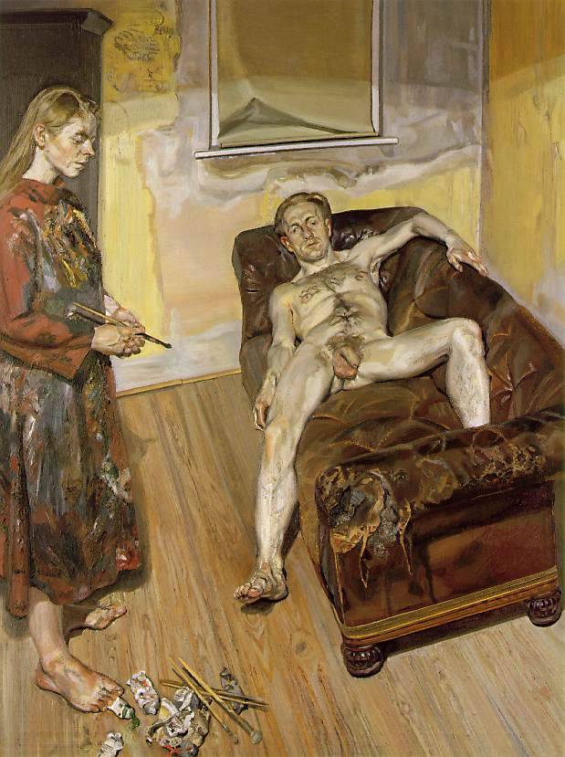 Pregnant Girl Painter with a Model    by Lucian Freud