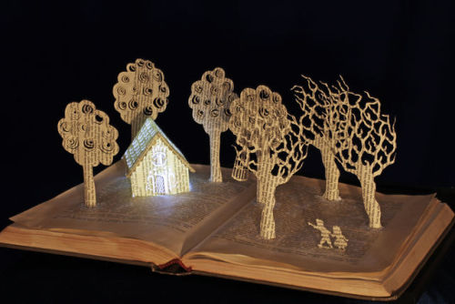 Hansel and Gretel book sculpture by Justin Rowe. One of six paper sculptures created for the Christm