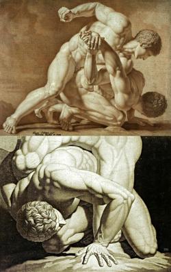 hadrian6:  The Wrestlers from a plaster copy of the antique.  1794. Gabriel Constant Vaucher. Swiss 1768-1814. chalk on paper. collage : Hadrian6. http://hadrian6.tumblr.com 