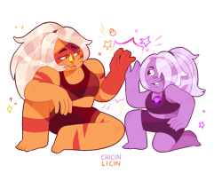 chicinlicin:in the mood to draw some happy/casual Jasper~ also Amethyst…cause I’ll take any excuse to draw her with her hair back :D