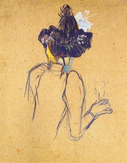 artist-lautrec:  Jane Avril Seen from the Back by Henri de Toulouse-LautrecSize: 67x52 cmMedium: oil on cardboard