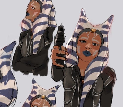closeup of one of the sketches, ahsoka pointing a gun at you with a dramatic lighting and shadows, face serious