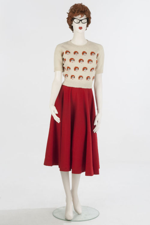 kellymhill:handknit and embroidered wool sweater, polyester suiting.2014