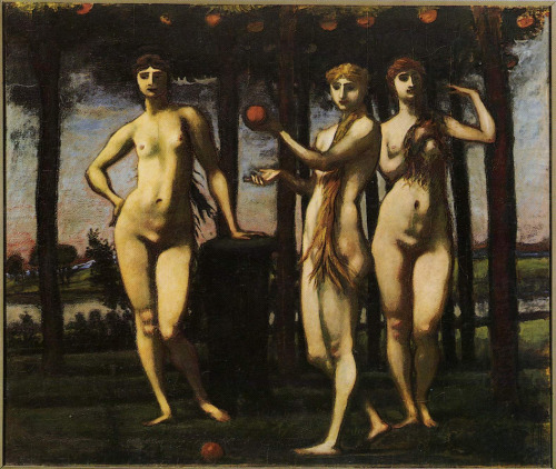 Hans von Marées (1837 - 1887, Roma), Hesperiden (1884), triptychon, oil on wood, 341 cm x 482  “He […] developed a complex and individual technique, overpainting tempera with layers of oil and creating a depth of colour quite unlike the