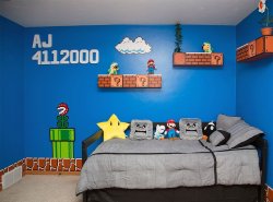 myheartbelongs-toyou:  iheartnintendomucho:  Super Mario Bros. themed room put together by the best dad ever Carpenter75 designed his daughter’s room per her request.  Best dad ever, or best HUMAN ever? The Thwomp bed is an especially nice touch. Pretty